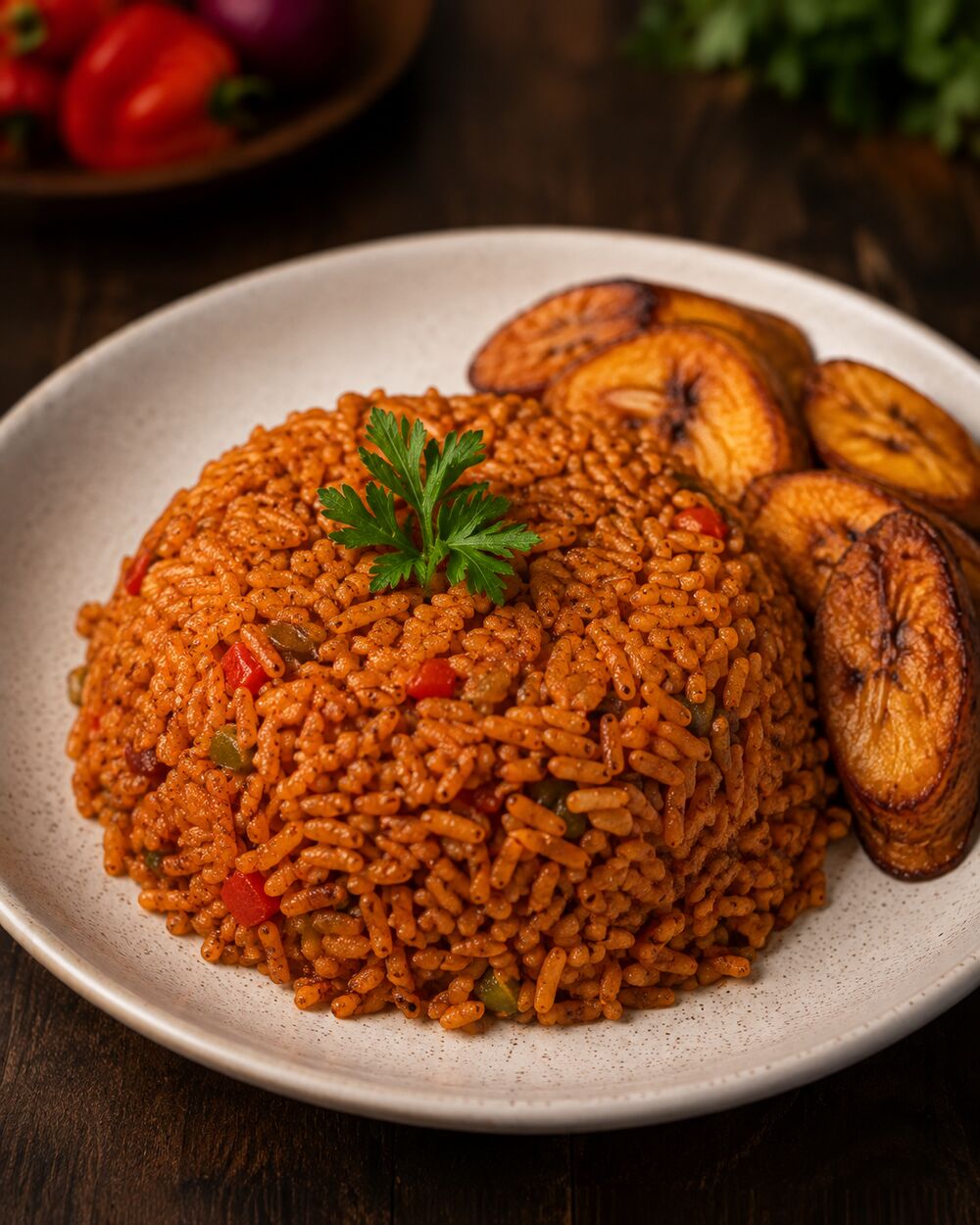 A well-plated dish of Nigerian jollof rice with garnish