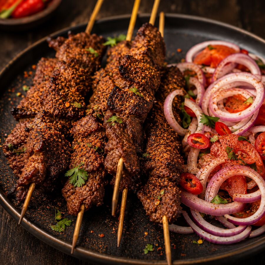 A plate of suya with onions and pepper