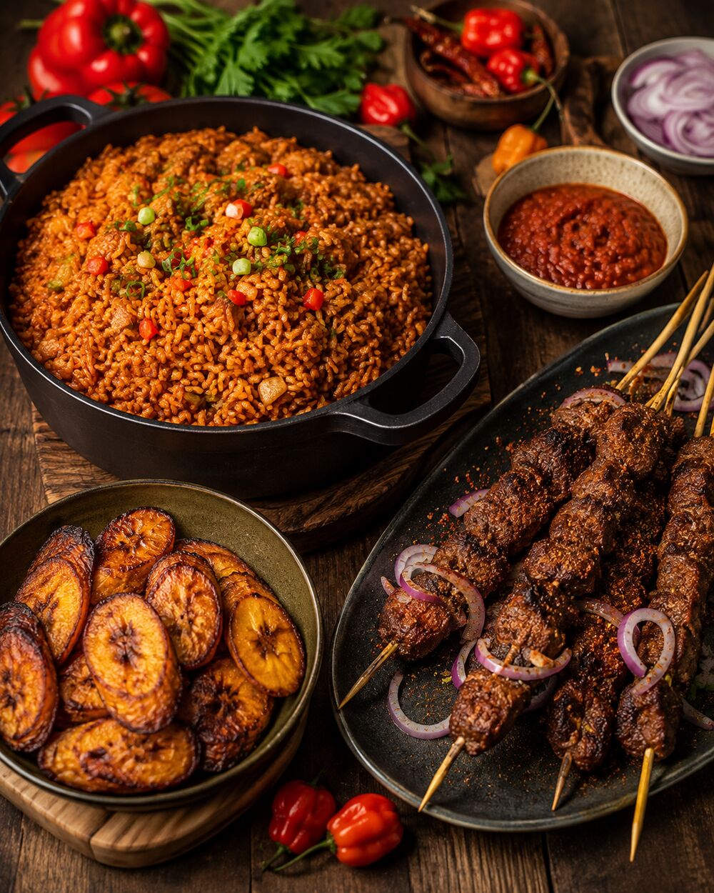 A vibrant spread of Nigerian dishes including jollof rice, grilled suya and fried plantain